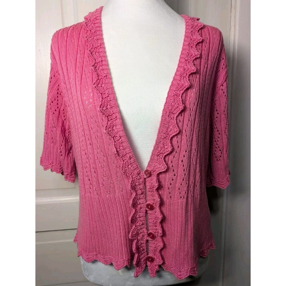 Vintage N-GUAGE Pink Ruffled Knit Cardigan Dainty Y2K Elegant XL(766)
